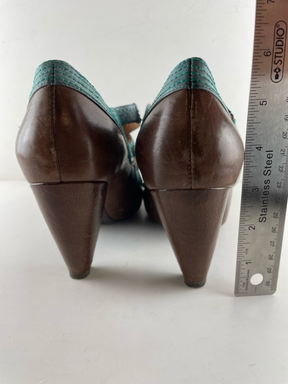 Miz Mooz Leather Mary Jane Heels Size 9 Brown Teal Retro Cutout Pumps - Picture 7 of 9